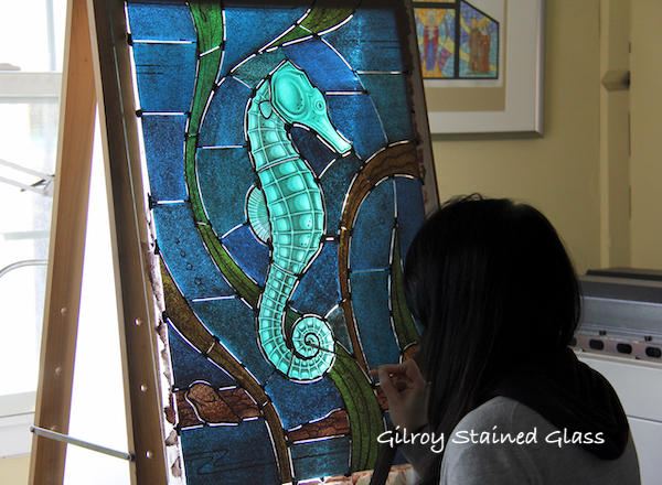 Seahorse on the easel ©Gilroy Stained Glass