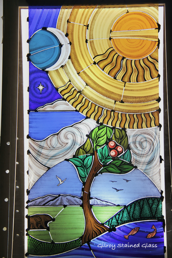 "Creation" on the easel with stain ©Gilroy Stained Glass