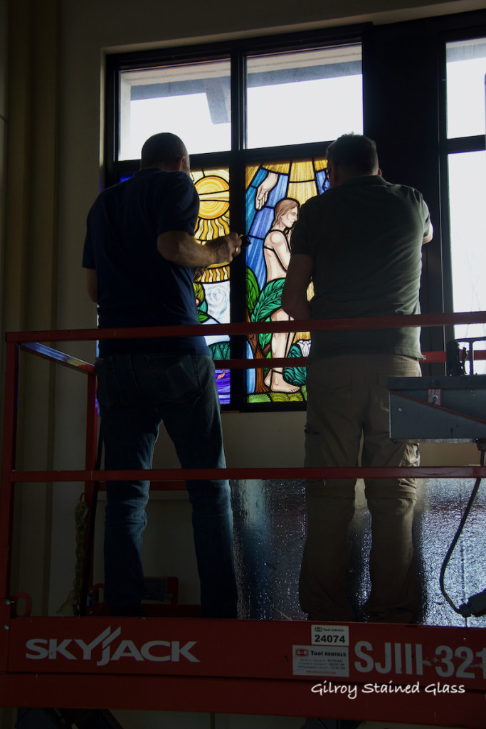 Installation of Cration windows ©Gilroy Stained Glass