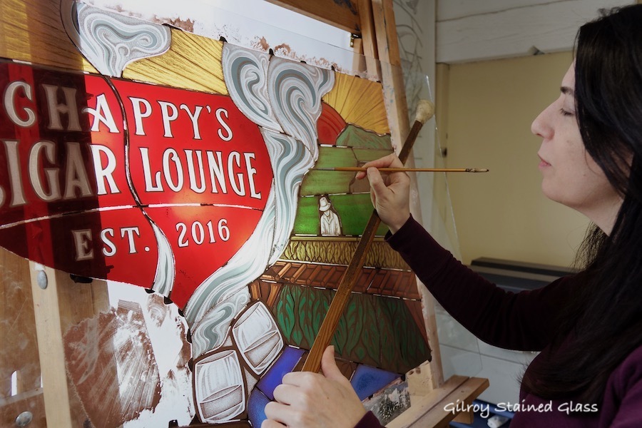 Chappy's Cigar Lounge, Laura painting ©Gilroy Stained Glass